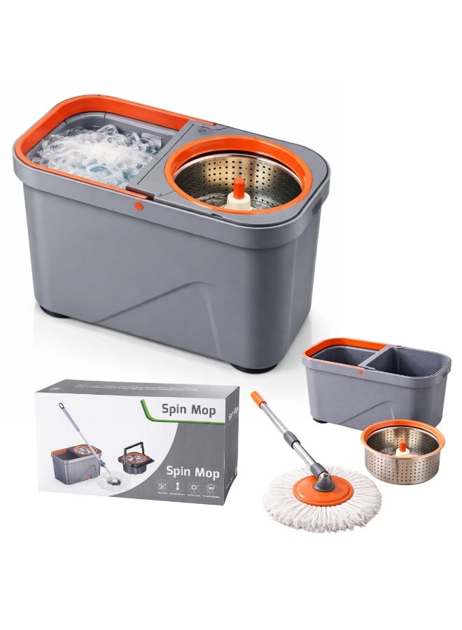 ARABIQO Spin Mop & Bucket Set System with Wheels, Hands-Free Wringer, Stainless Steel Handle, Microfiber Mop Heads, Removes 99% Bacteria, Easy Clean Floor Mop for Tile, Marble, Wood & All Floor Types - Image 1